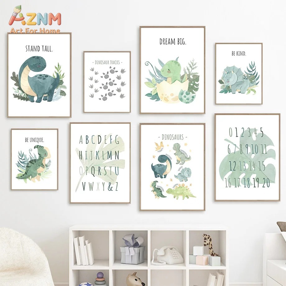 Kids Education Quote - AZNM Watercolor Dinosaur Alphabet Number Canvas